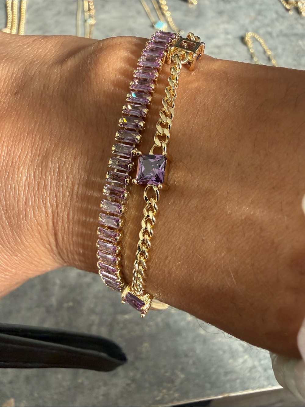 Gold Plated Bracelet Set with Purple Cubic Zirconia Accent